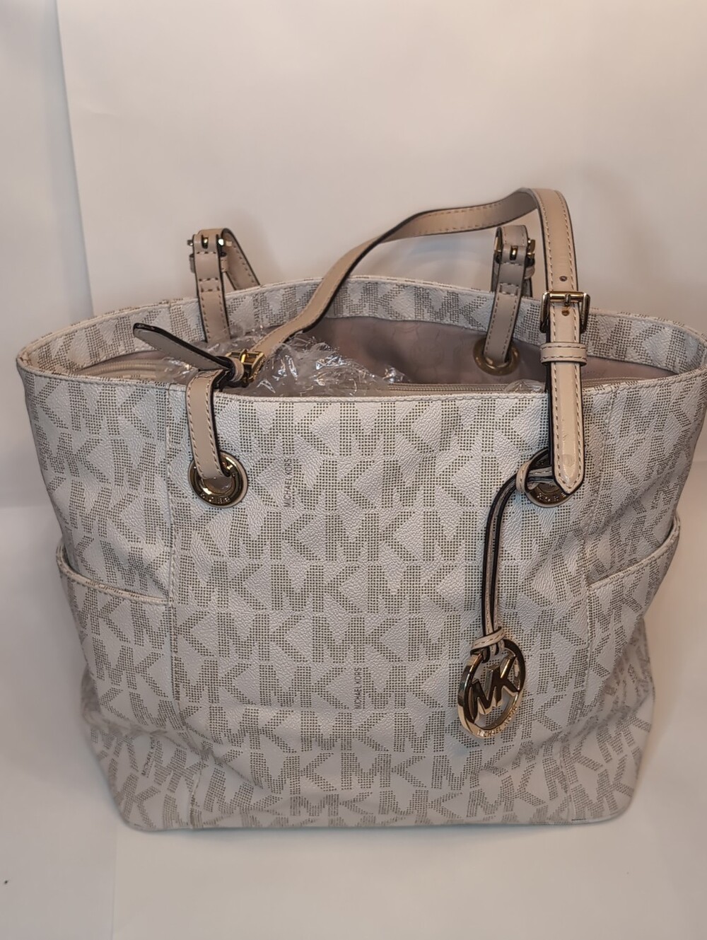 Michael Kors Large Vanilla 3 Compartment Signature Tote Bag W/ Monogram PVC